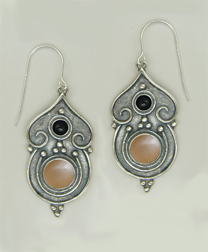 Sterling Silver Gothic Inspired Drop Dangle Earrings With Peach Moonstone And Black Onyx